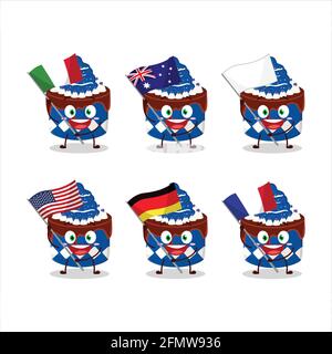 Gâteau de sueur personnage de dessin animé de myrtille apportent les drapeaux de divers pays. Illustration vectorielle Illustration de Vecteur