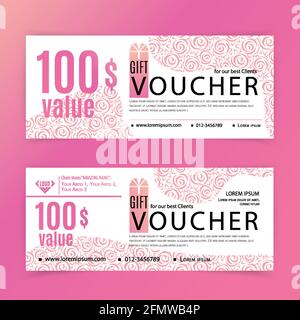 Modèle de bon cadeau Vector Rose. Prospectus universel pour les entreprises. design vectoriel blanc de luxe pour les grands magasins, les entreprises. Valeur 100 dollars. Illustration de Vecteur
