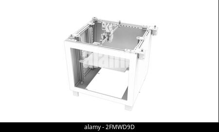 Rendu 3D d'une petite imprimante 3d grand public isolée sur un arrière-plan blanc Banque D'Images