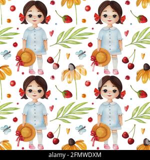 Motif aquarelle sans couture avec fille, chapeau, baie et feuille sur fond blanc. Illustration estivale brillante. Banque D'Images
