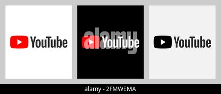 VINNYTSIA, UKRAINE - 3 mai 2021 : logo YouTube sous différentes formes. Logo clair pleine couleur, logo noir pleine couleur et logo monochrome. Illustration de Vecteur