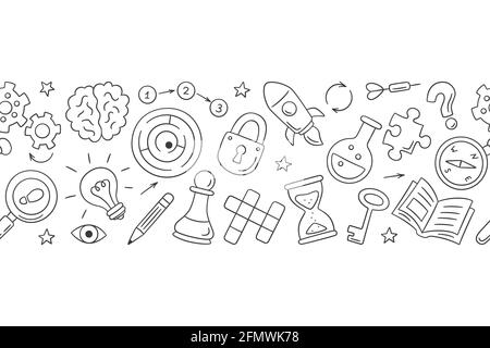 Casse-tête et énigmes. Motif horizontal dessiné à la main avec mots croisés puzzle, labyrinthe, cerveau, pièce d'échecs, ampoule, labyrinthe, engrenage, verrou et clé. Vecteur Illustration de Vecteur