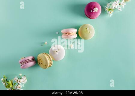 Dessert français macarons et fleur d'arbre de printemps Banque D'Images