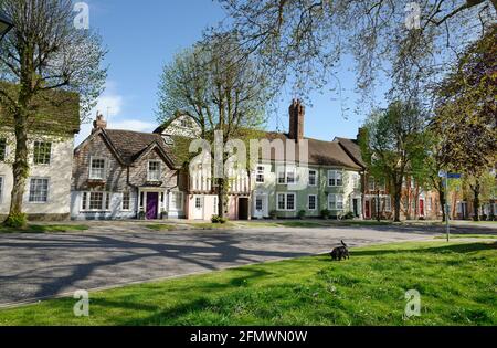 La cause à Horsham, West Sussex, Angleterre. Une jolie route menant de la place du marché à l'église St Marys. Un après-midi au début du printemps. Banque D'Images