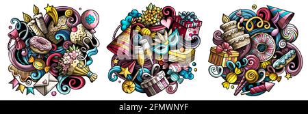 Ensemble de motifs d'anniversaire de dessin animé à motif caniche. Illustration de Vecteur