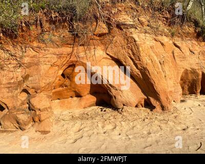 Roche de grès orange sur le rivage d'une mer rocheuse plage avec grottes et racines d'arbres Banque D'Images