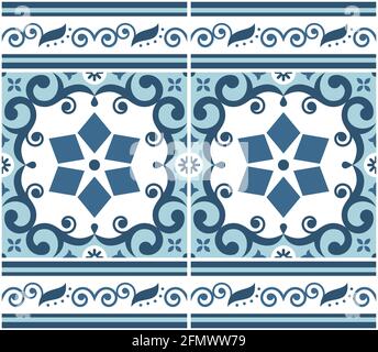 Mosaïque portugaise Azulejo motif vectoriel sans couture, design rétro avec cadre ou bordure, fleurs, tourbillons et formes géométriques Illustration de Vecteur