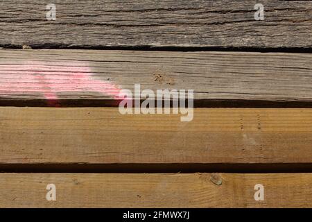 Planches en bois endommagées avec marques de peinture en aérosol rose à marquer en cas de renouvellement Banque D'Images