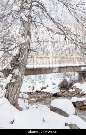 petit pont sur une rivière de montagne en hiver Banque D'Images