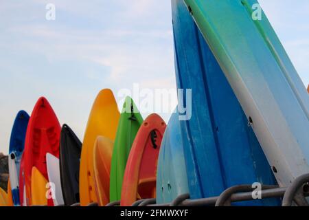 Planches de surf empilées le long du bord de l'eau. Banque D'Images