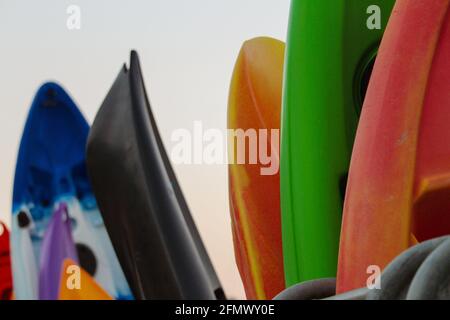 Planches de surf empilées le long du bord de l'eau. Banque D'Images