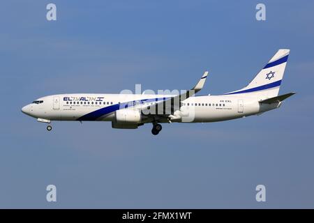 Bruxelles, Belgique – 10. Mai 2017 : BOEING 737-800 D'EL AL Israel Airlines à l'aéroport de Bruxelles (BRU) en Belgique. Boeing est un fabricant d'avions basé Banque D'Images