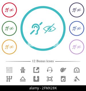 Symboles pour malentendants et malvoyants icônes de couleur plate dans les contours en forme de cercle. 12 icônes bonus incluses. Illustration de Vecteur