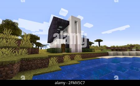 Minecraft Game – Mai 11 2021 : exemple de design moderne de la maison dans Minecraft Game 3D illustration. Éditorial Banque D'Images