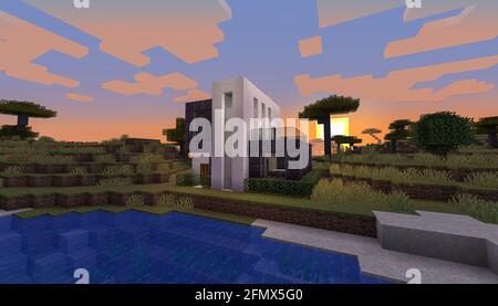 Minecraft Game – Mai 11 2021 : exemple de design moderne de la maison dans Minecraft Game 3D illustration. Éditorial Banque D'Images