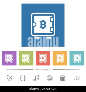 Icônes blanches plates de la boîte forte Bitcoin en arrière-plan carré. 6 icônes bonus incluses. Illustration de Vecteur