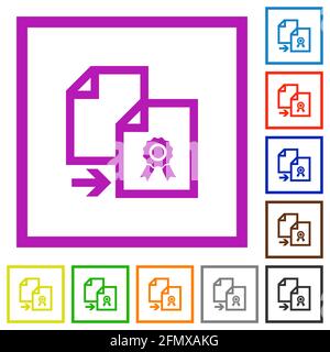 Copiez les icônes de couleur plate du certificat dans des cadres carrés sur du blanc arrière-plan Illustration de Vecteur
