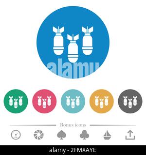 Trois icônes blanches plates Air bombes sur des arrière-plans de couleur ronde. 6 icônes bonus incluses. Illustration de Vecteur