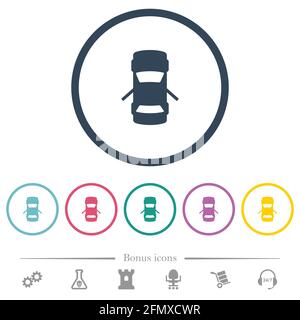 Les icônes de couleur plate de l'indicateur du tableau de bord des portes arrière ouvertes sont présentées dans des contours ronds. 6 icônes bonus incluses. Illustration de Vecteur