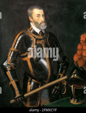 Charles V (1500-1558), empereur romain germanique 1519-1556, en armure, portrait d'après Titien, 1550-1559 Banque D'Images