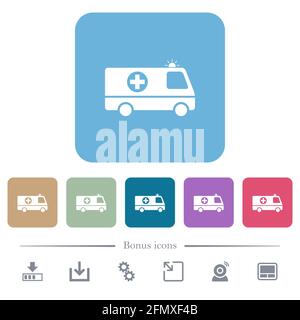 Voiture ambulance clignotante vue latérale icônes blanches plates sur fond carré arrondi couleur. 6 icônes bonus incluses Illustration de Vecteur