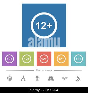 Autorisé au-dessus de 12 ans seulement des icônes blanches plates dans les fonds carrés. 6 icônes bonus incluses. Illustration de Vecteur