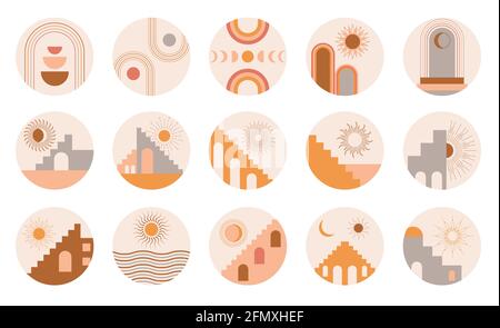 Escaliers marocains, arche, murs, arc vecteur. Éléments d'architecture de style boho. Imprimé abstrait tunisien et algérien. Soleil de Bohême, lune, lignes Illustration de Vecteur