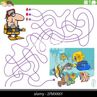 Dessin animé illustration de lignes labyrinthe jeu de puzzle avec plongeur caractère et coloré poissons tropicaux sous l'eau Illustration de Vecteur