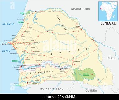 Carte routière vectorielle de l'État d'Afrique de l'Ouest du Sénégal Illustration de Vecteur