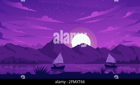 Paysage de montagne de nuit, illustration vectorielle de bateau de pêche. Paysage de rivière ou de côte de lac avec silhouettes de voilier de pêcheur flottant sur l'eau et la lune, fond de scène violet foncé de minuit Illustration de Vecteur