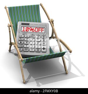 Dix pour cent de réduction sur les vacances. Calculatrice électronique avec texte rouge 10% de réduction sur une chaise longue. Le concept du coût des réductions de vacances Banque D'Images