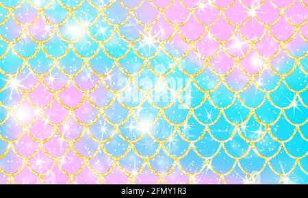 Motif doré. Arrière-plan holographique arc-en-ciel. Balances dorées. Imprimé Sirène. Vecteur. Illustration de Vecteur