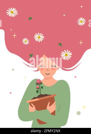 Une jeune femme aux cheveux roses coupe un pot de fleurs de trèfle. Une fille heureuse avec des pâquerettes dans ses cheveux attend l'été. Prendre soin de la nature et l'aimer Illustration de Vecteur