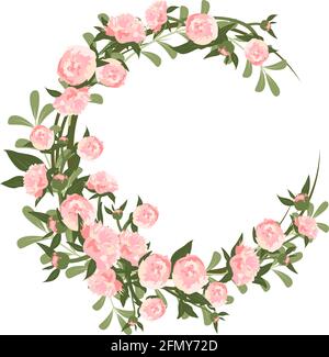 Une couronne de pivoines. Cadre rond, fleurs et feuilles roses mignonnes. Composition rose printemps en fleurs avec bourgeons. Décorations de vacances pour mariage, vacances Illustration de Vecteur