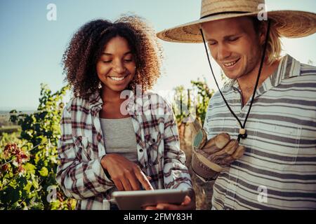 Les partenaires agricoles de race mixte hommes et femmes travaillent ensemble à discuter informations affichées sur une tablette numérique dans les vignobles Banque D'Images