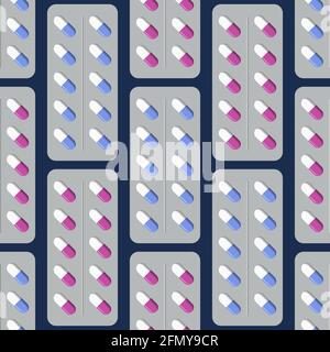 Motif vectoriel sans couture avec comprimés médicaux blancs et bleus et roses. Paquets de médicaments médicaux pour comprimés. Contexte de la médecine avec des pilules pharmaceutiques. Illustration de Vecteur
