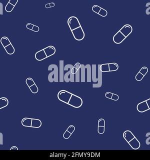 Motif vectoriel sans couture avec pilules blanches, comprimés, capsules, isolé sur fond bleu foncé. Préparations médicales. Conception linéaire. Illustration de Vecteur