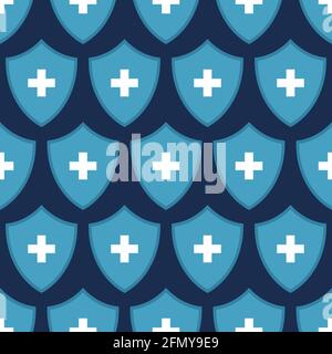 Motif vectoriel transparent de blindages bleus avec croix blanches, isolé sur fond sombre. Concept de protection de la santé. Icône de protection pour la santé. Illustration de Vecteur