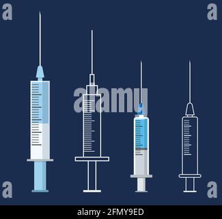 Jeu d'icônes de seringue médicale. Seringues, remplies d'une solution de vaccin. Illustration de seringues médicales avec aiguilles plates et linéaires. Illustration de Vecteur