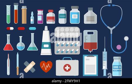 Ensemble d'équipements médicaux, d'articles pharmaceutiques. Icônes de style plat, isolées sur fond sombre. Seringue, plâtre, tubes à essai, pilules, stéthoscope, compte-gouttes. Illustration de Vecteur