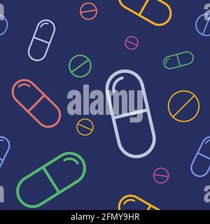 Motif vectoriel sans couture avec comprimés de couleur, comprimés, capsules, isolé sur fond bleu foncé. Préparations médicales. Conception linéaire. Illustration de Vecteur