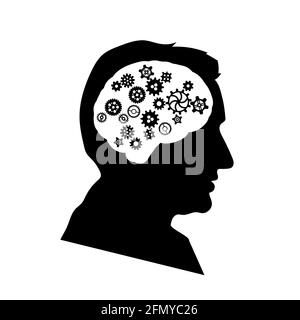 Profil de face de l'homme noir détaillé avec mécanisme de roue dentée compliqué dans cerveau sur blanc Illustration de Vecteur