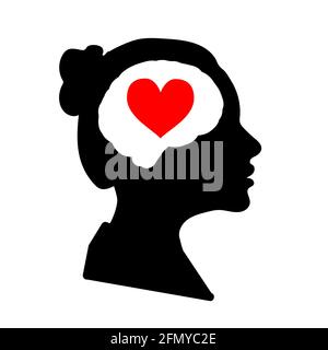 Noir profil de visage de femme détaillé avec cœur rouge dans le cerveau isolé sur blanc Illustration de Vecteur