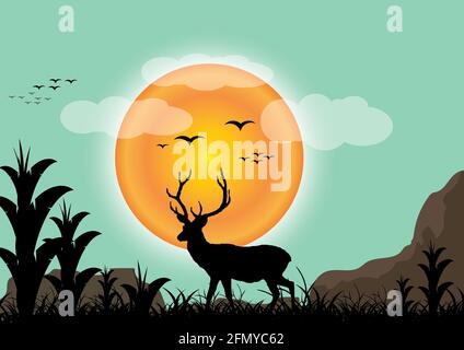 Illustration vectorielle silhouettes de Deer marchant le long de la montagne africaine coin sur une soirée brillante.coucher de soleil en soirée Banque D'Images