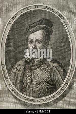 Luis de Requesens y Zúñiga (1528-1576). Militaire et politique espagnole. Commandant en Castille de l'ordre de Santiago et Gouverneur général des pays-Bas. Gravure. Guerres de Flandre. Édition publiée à Anvers, 1748. Banque D'Images