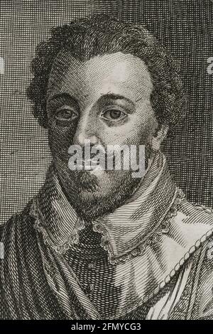 Charles de Lorraine, duc de Mayenne (1554-1611). Noble français. Chef militaire de la Ligue catholique. Portrait. Gravure, détail. Guerres de Flandre. Édition publiée à Anvers, 1748. Banque D'Images