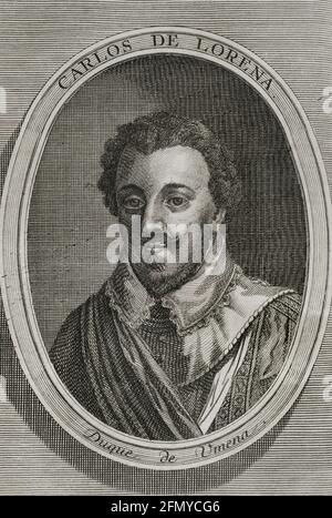 Charles de Lorraine, duc de Mayenne (1554-1611). Noble français. Chef militaire de la Ligue catholique. Portrait. Gravure. Guerres de Flandre. Édition publiée à Anvers, 1748. Banque D'Images