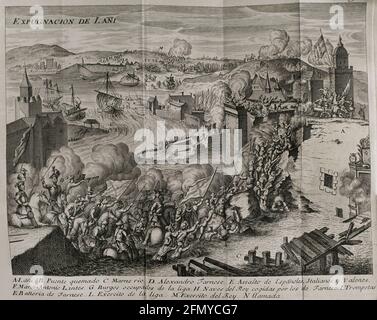 Expugnation de Lagny. Le 7 septembre 1590, des troupes dirigées par Alexandre Farnese ont agressé par surprise la forteresse de Lagny, sur les rives de la Marne. Les soldats ont profité d'une brèche dans l'ancien mur pour prendre la ville. Farnese, dans une manœuvre rapide, a envoyé un grand nombre de barges chargés de fournitures d'approvisionnement à Paris. Gravure. Guerres de Flandre. Édition publiée à Anvers, 1748. Banque D'Images