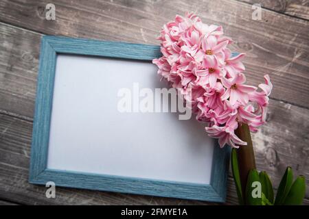 fleur en jacinthe rose et cadre photo sur fond en bois Banque D'Images