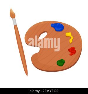 Palette en bois d'artiste avec peintures et pinceau de style dessin animé isolé sur fond blanc. Clip art texturé, équipement détaillé. Illustrateur de vecteur Illustration de Vecteur